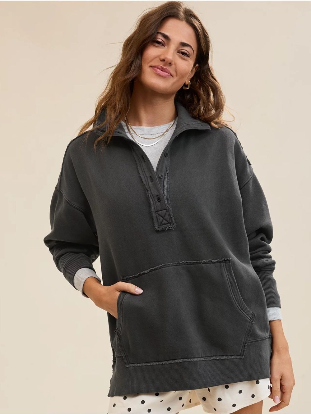 aerie S Smoked Gray Vintage Popover Oversized Polo Cotton Sweatshirt